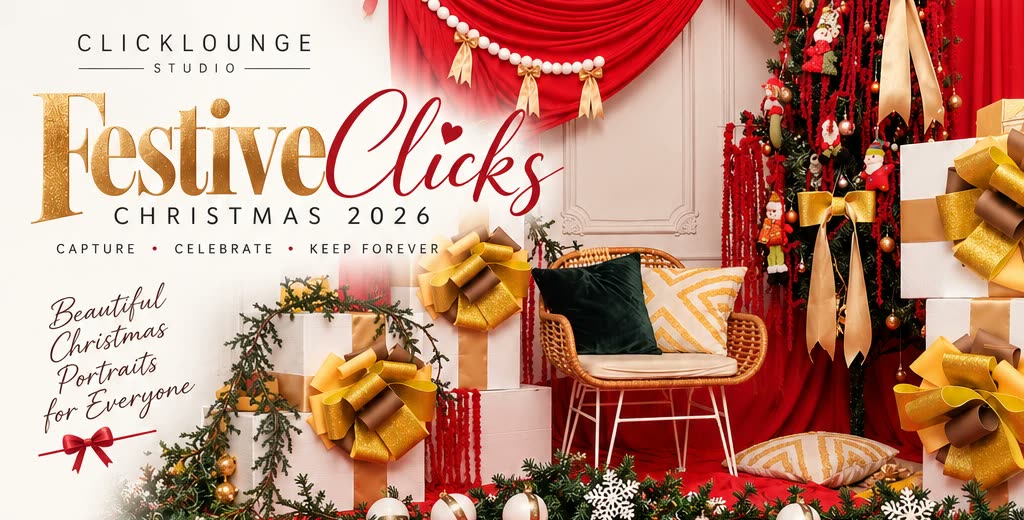 Festive Clicks Christmas 2026 set: red drapes, a decorated tree, gold-ribboned gift boxes and a rattan chair